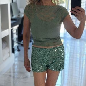 Peppermayo Mint Green Sequin Lace Crop Top Set